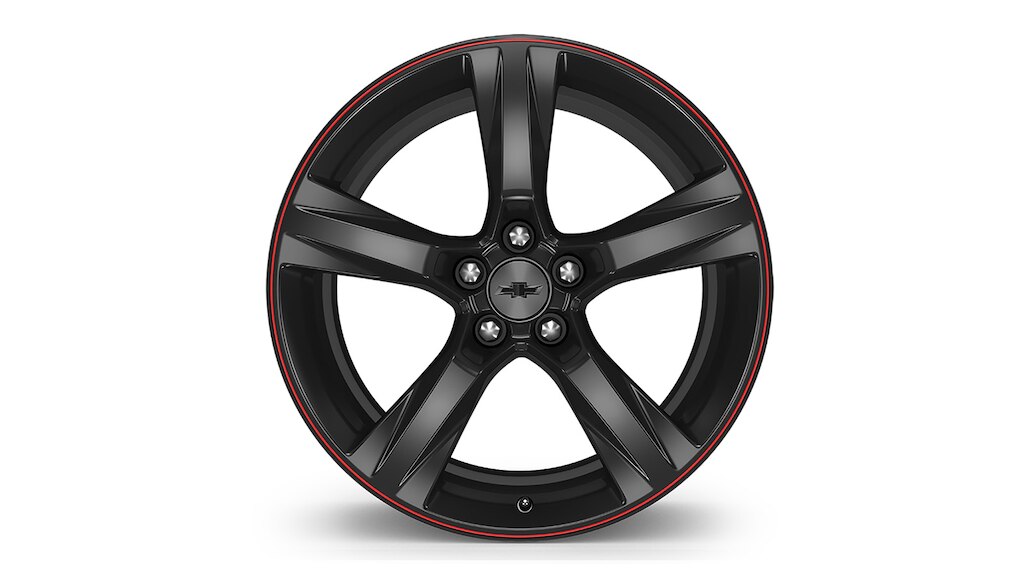 Rin de aluminio 20x8.5 pulgadas, de 5 brazos, color negro y detalles en rojo para Chevrolet Camaro 2024, auto deportivo